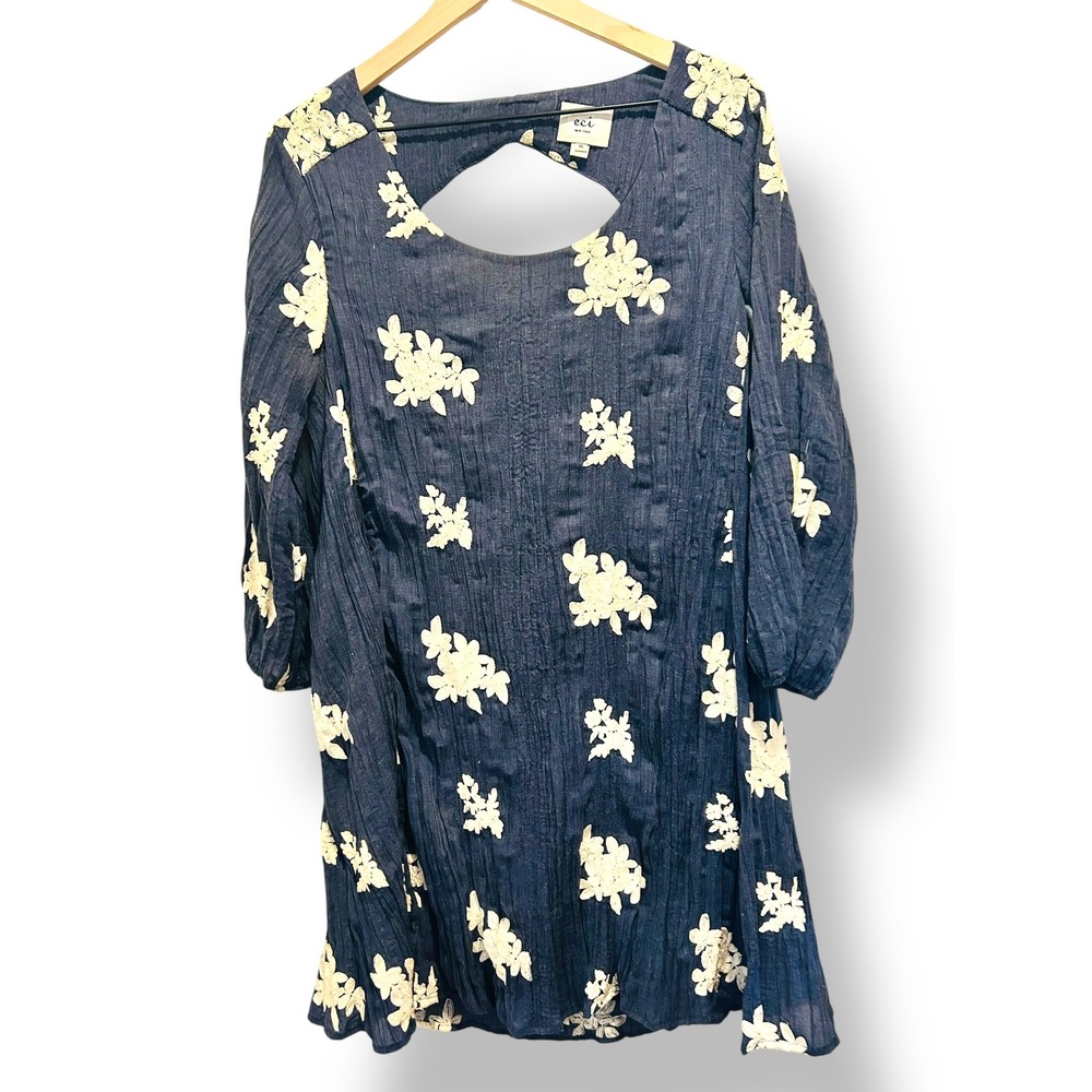 ECI New York Dress Blue Floral Embroidered Cutout Back Midi Women's XL